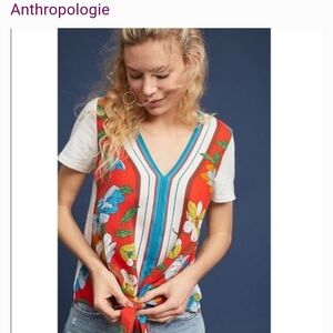 Anthropologie Women's Floral V-Neck Top - Red Multi